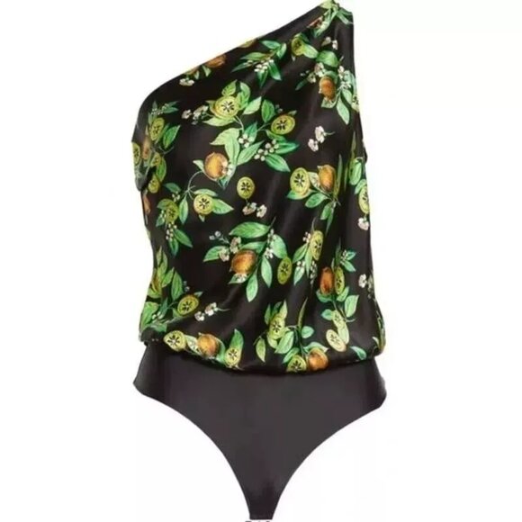 Cami NYC Darby Silk Charmeuse Bodysuit One Shoulder Kiwi Print Black L NWOT - Picture 2 of 8